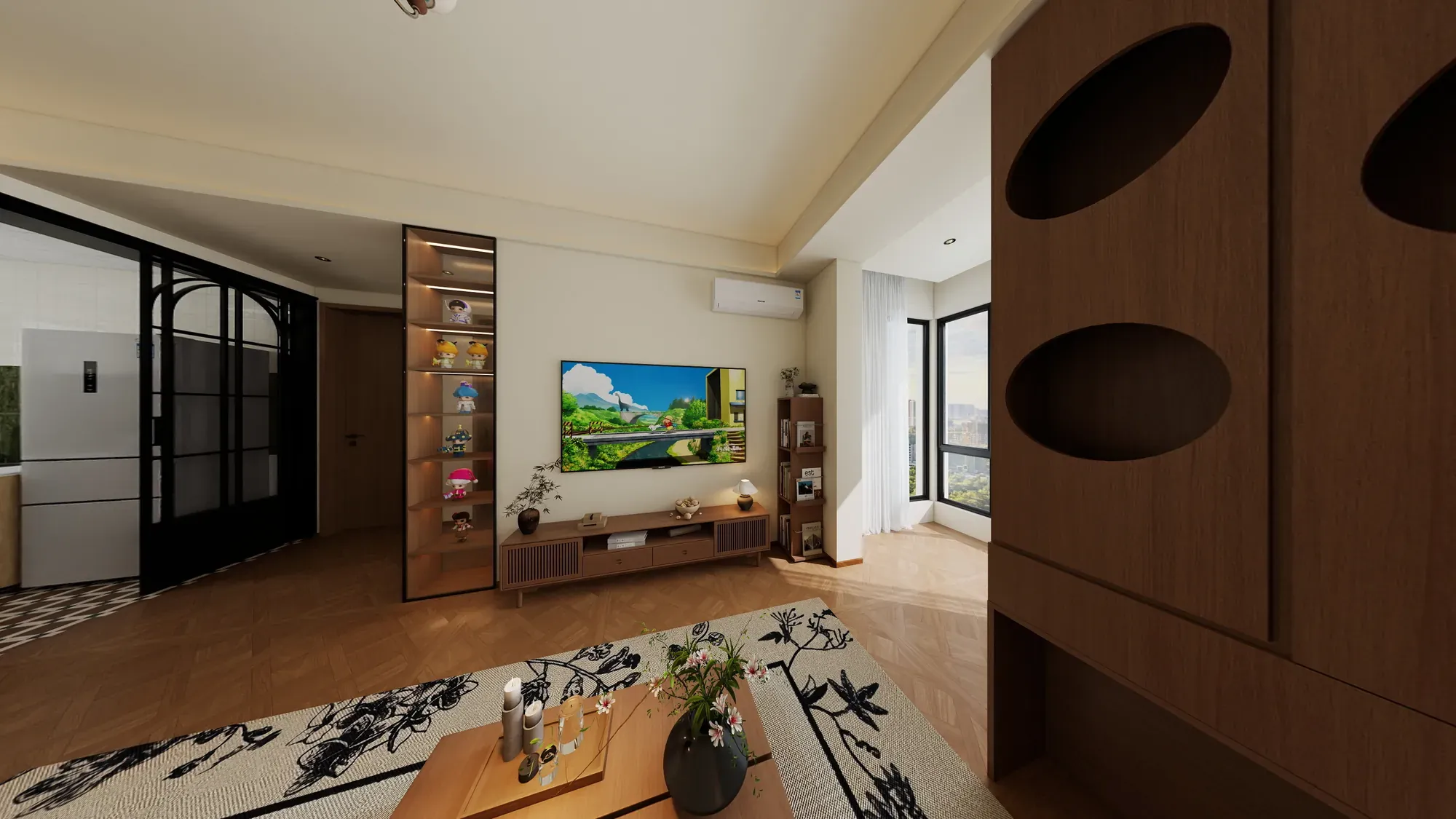 Walnut media wall with oval display niches and concealed storage in a contemporary apartment