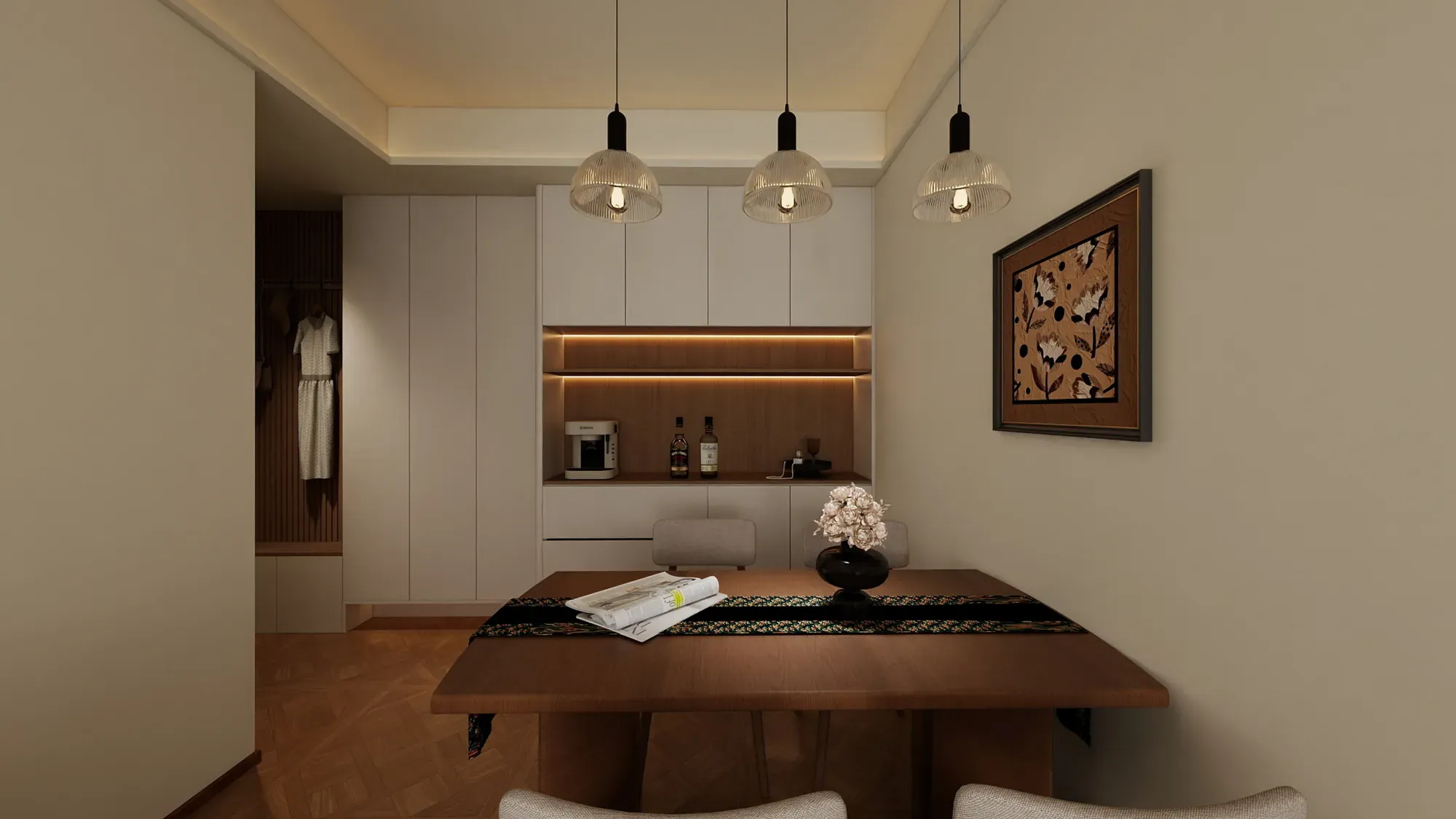 Apartment dining area with cream cabinetry, walnut niche and woven pendant lights