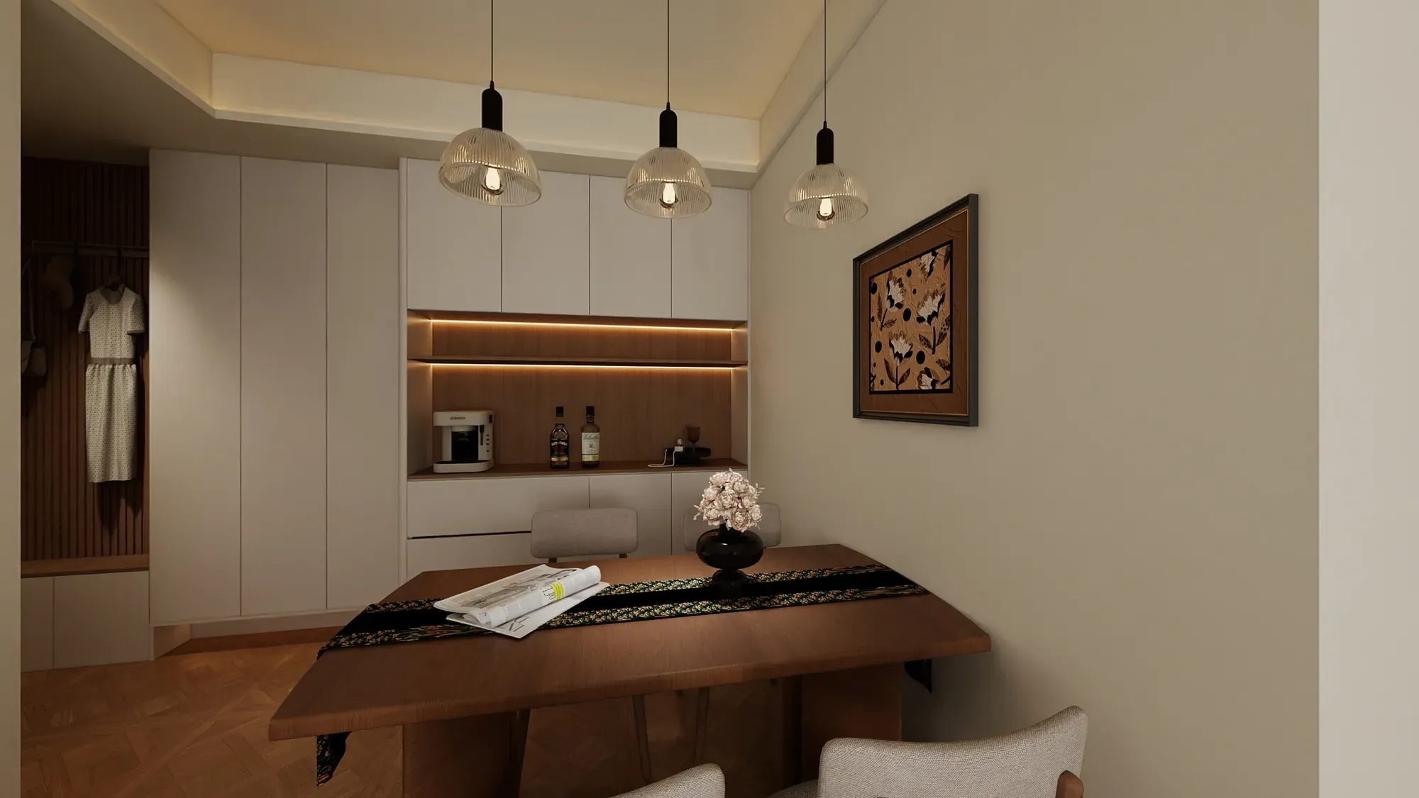 Dining joinery detail with warm LED lighting, walnut panels and sculptural display objects
