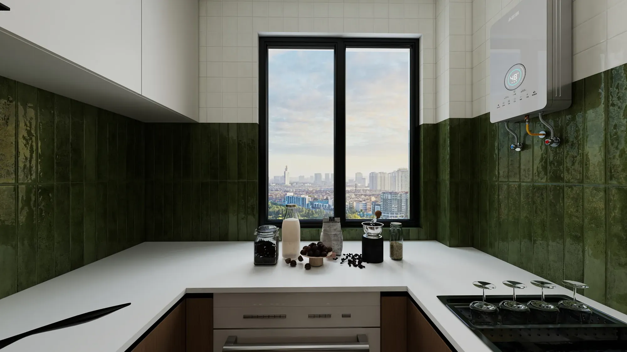 Apartment kitchen with dark green glazed tile backsplash, white worktops and walnut cabinetry