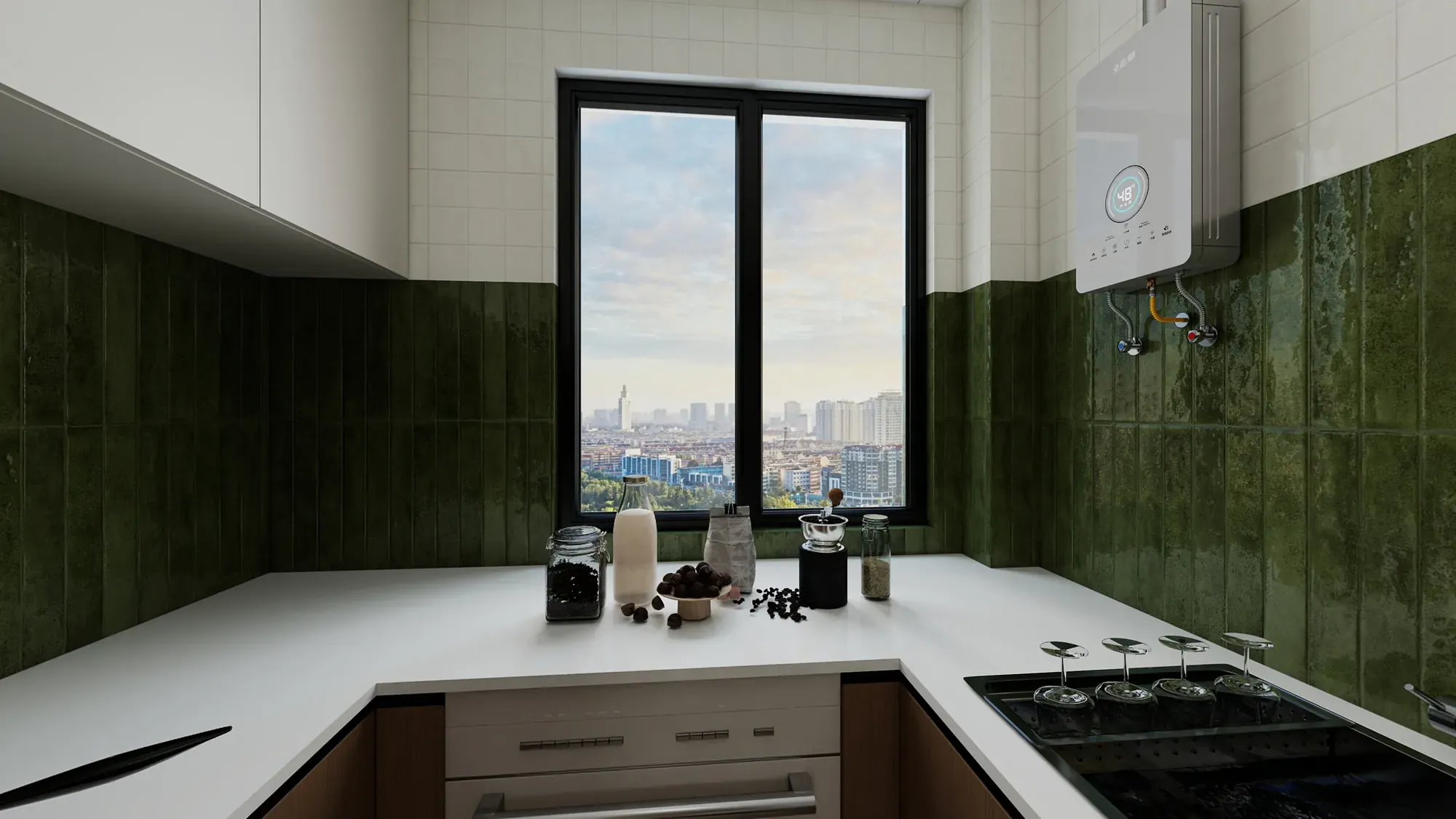 Kitchen storage wall with integrated appliances, walnut doors and black-framed glazing
