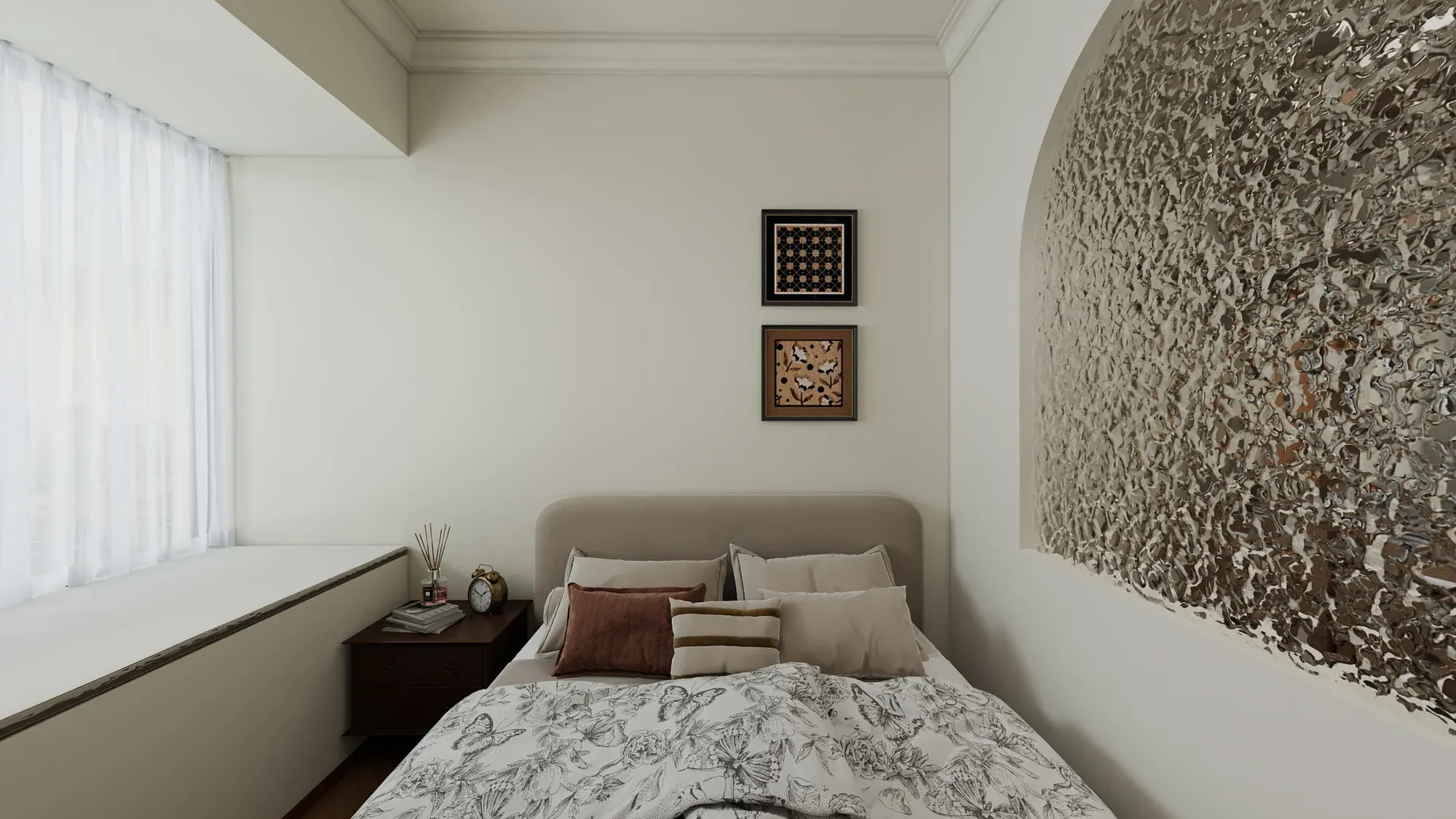 Master bedroom with cream upholstered bed, warm timber accents and soft indirect light