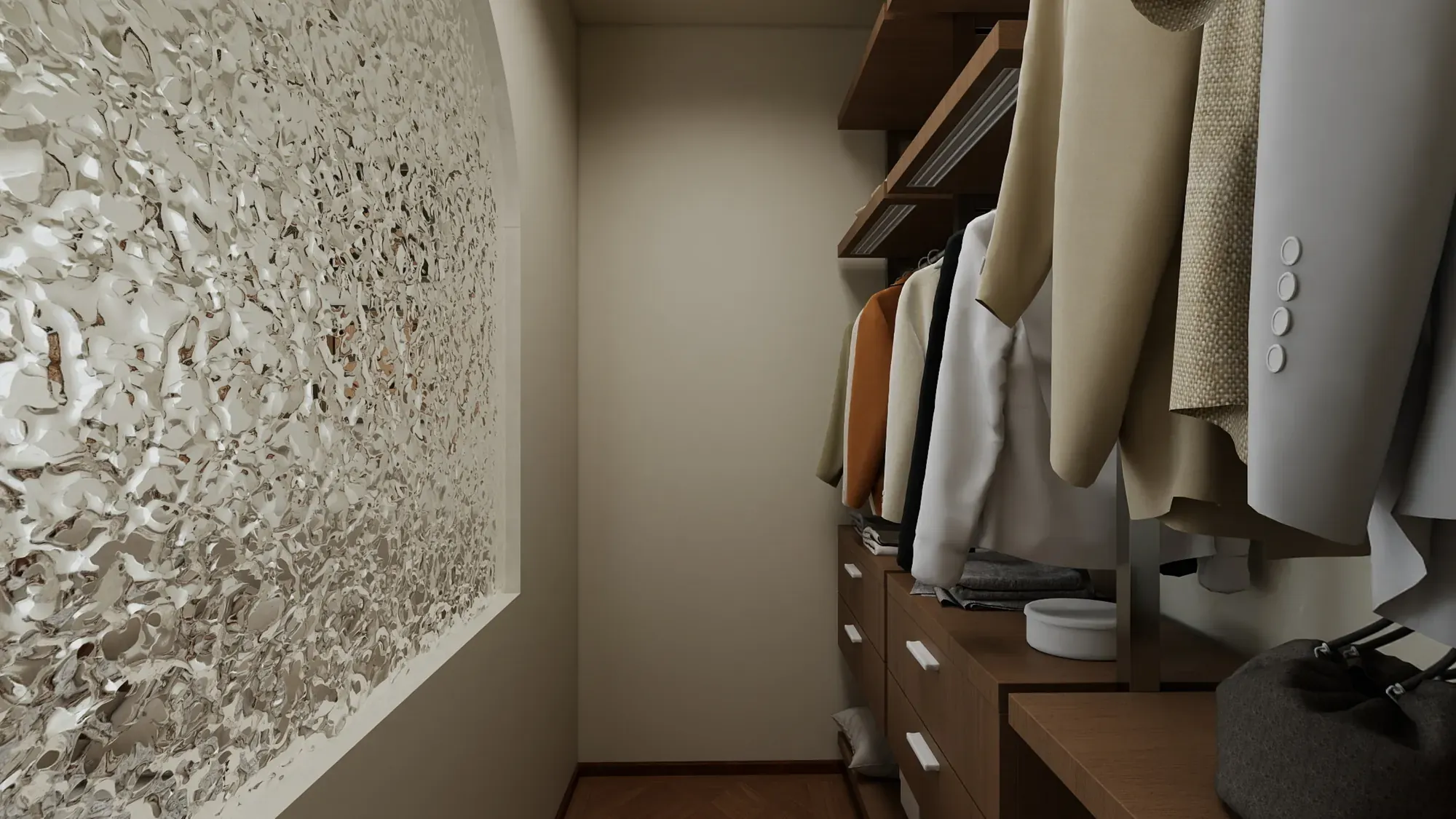 Walk-in wardrobe with dark walnut slatted backdrop, open hanging rail and drawers