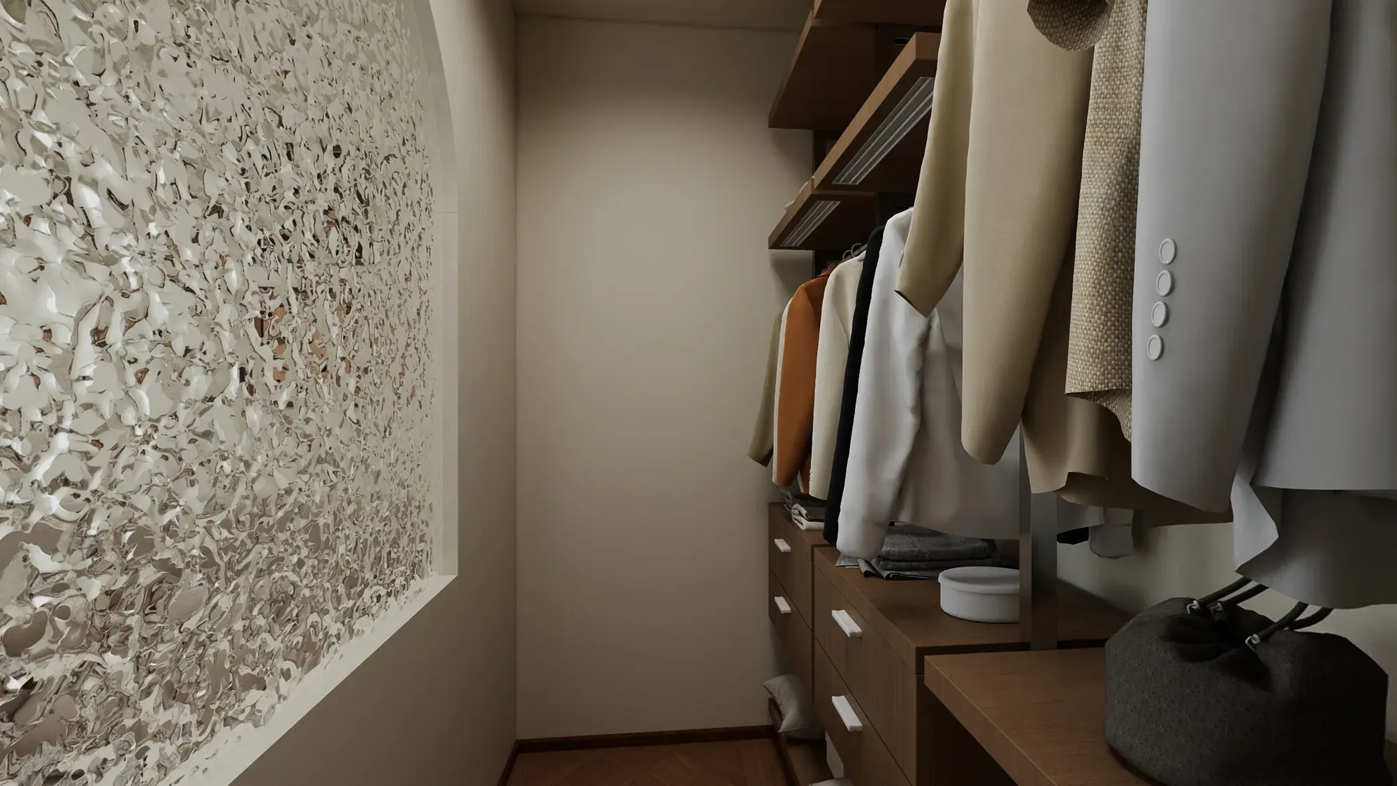 Wardrobe detail showing walnut joinery, brushed hardware and organised storage