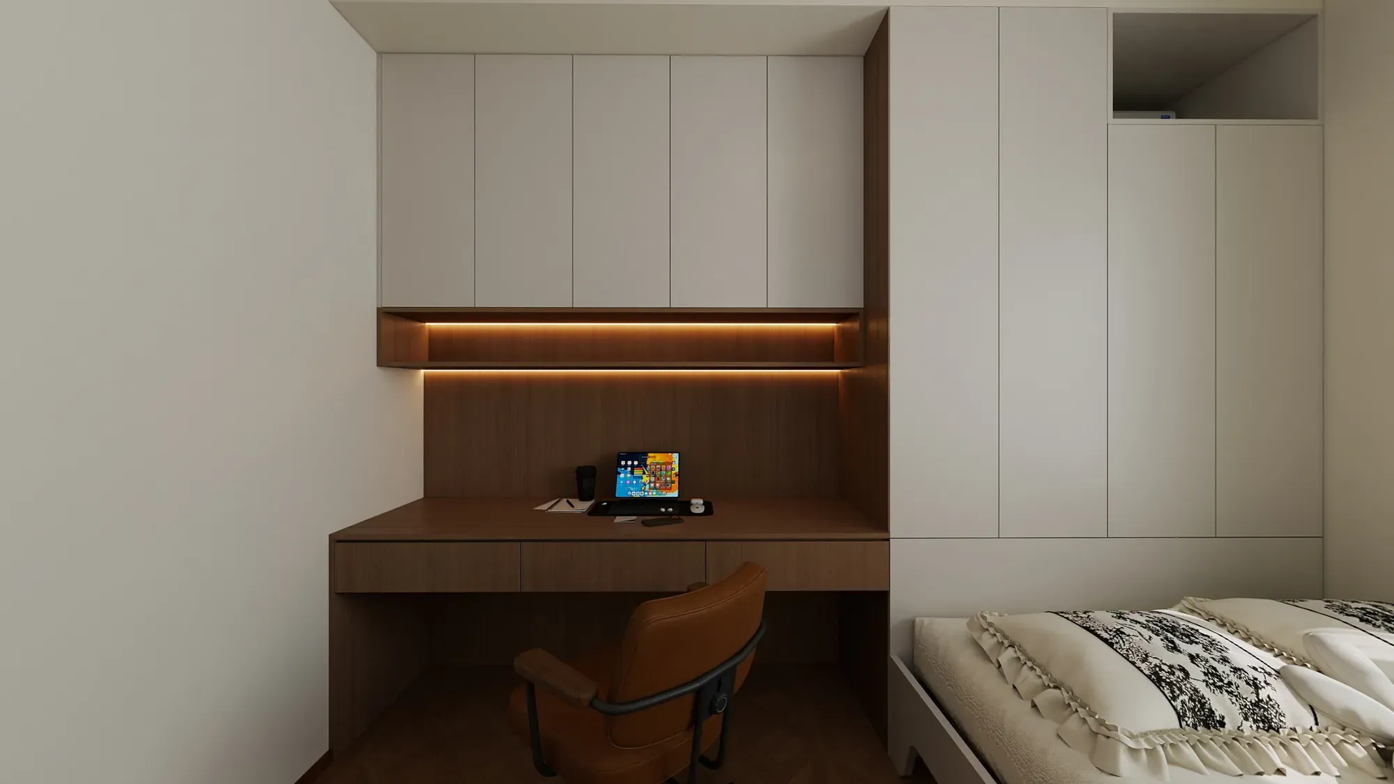 Secondary apartment bedroom with cream wardrobes, walnut desk and display niches