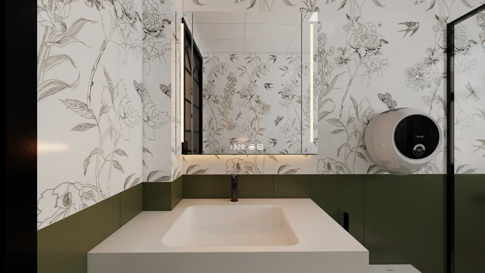 Master bathroom with botanical wall treatment, olive-green vanity and black-framed mirror