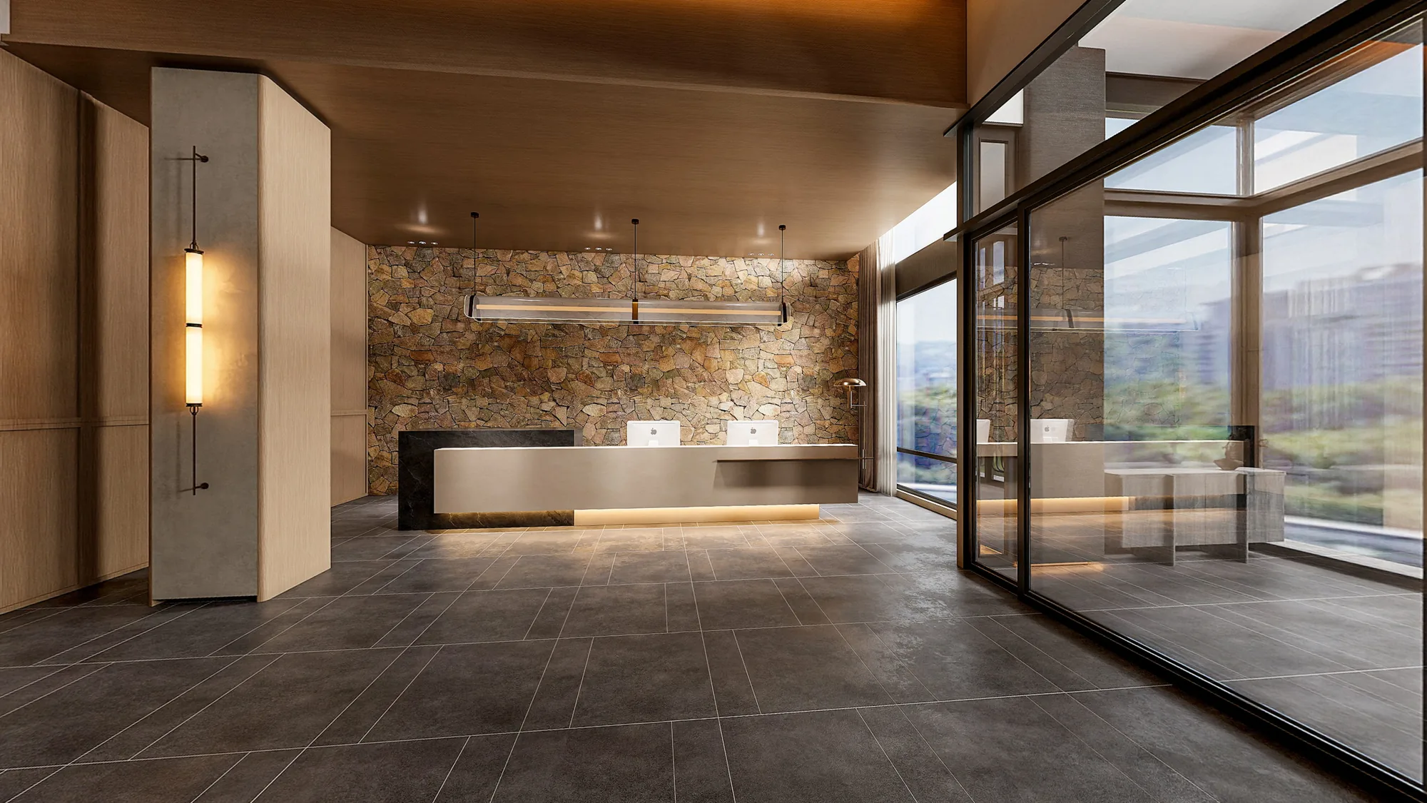 Kenya warm natural contemporary hotel lobby with a stone reception wall and full-height glazing