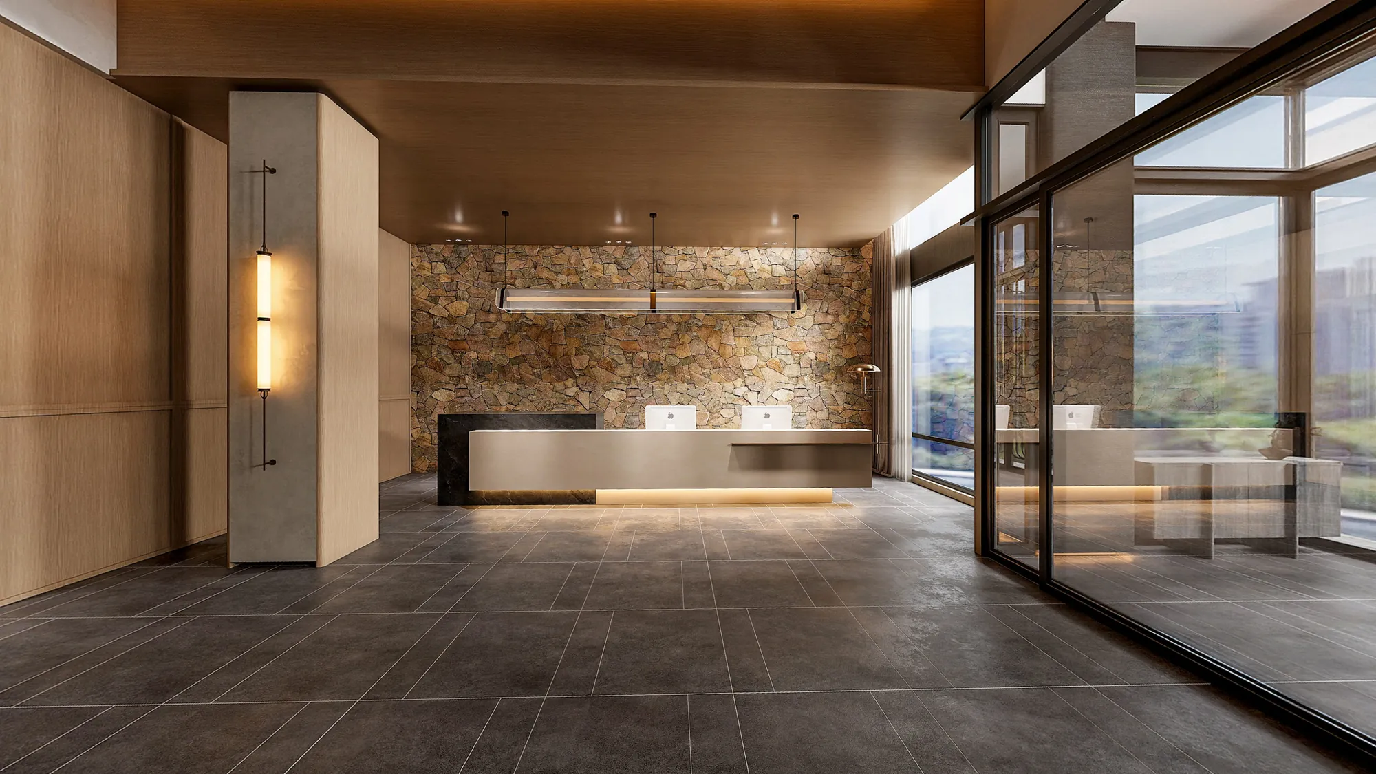 Hotel reception desk framed by natural stone, pale timber and full-height glazing