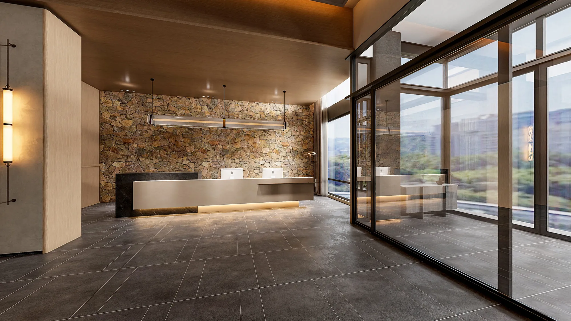 Glazed hotel arrival lobby with natural stone reception and warm timber ceiling