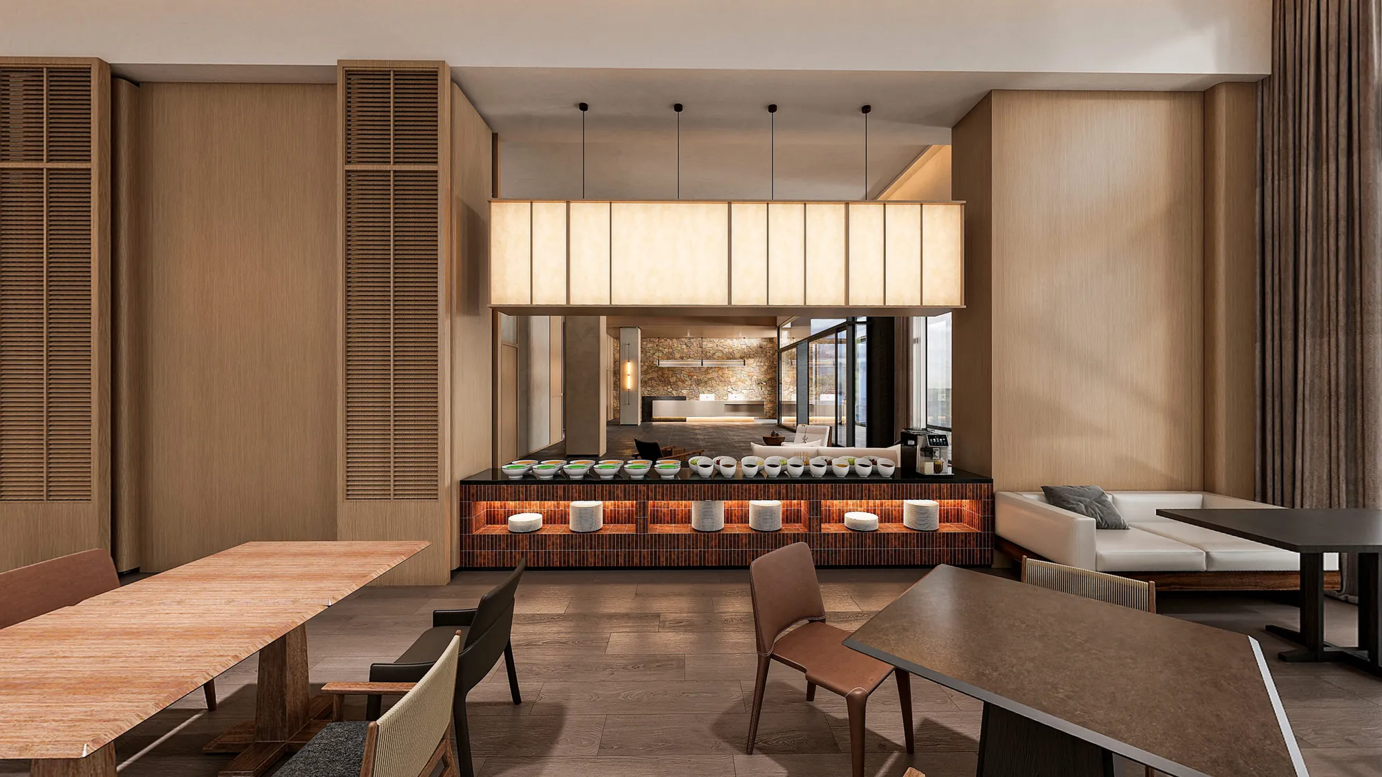 Warm timber hotel restaurant with terracotta seating and buffet joinery