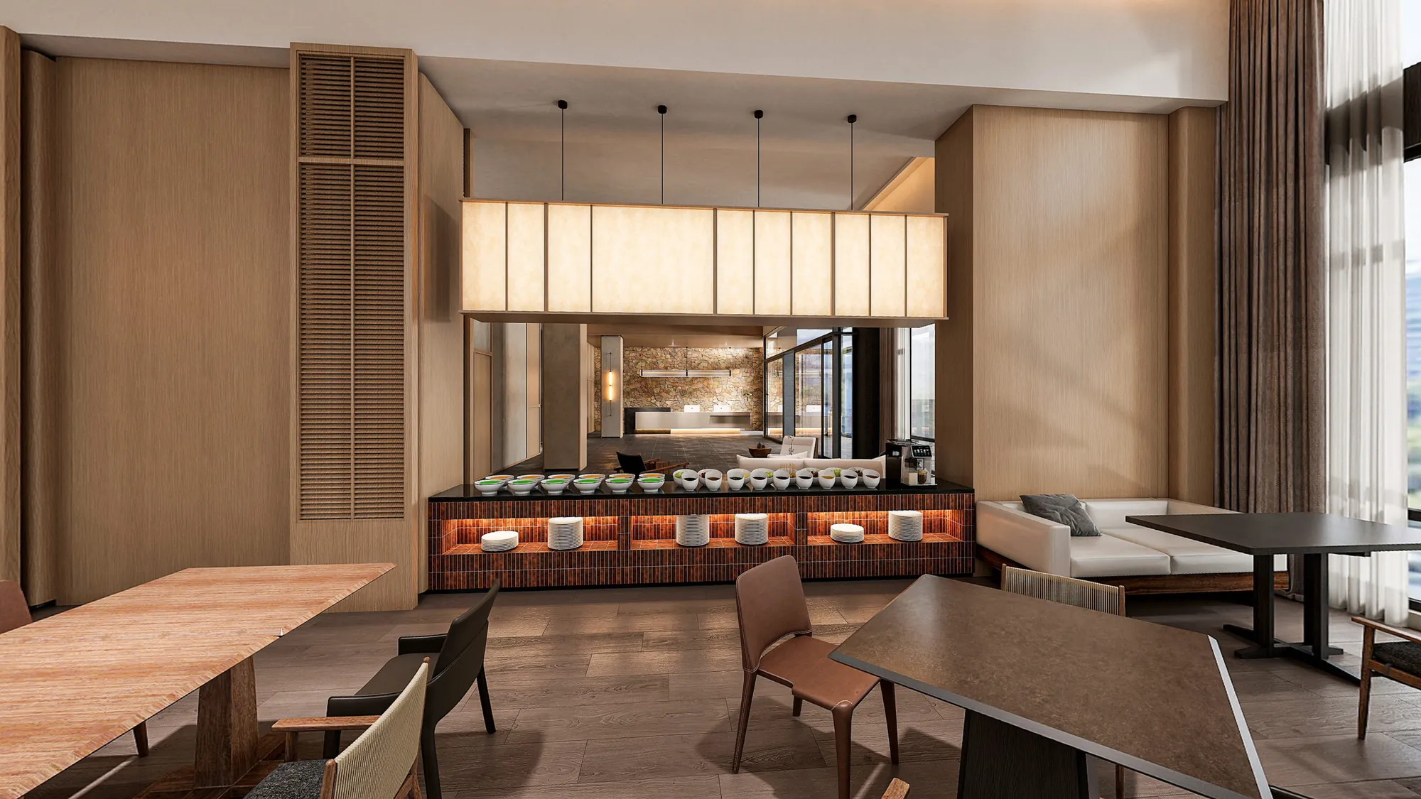 Illuminated hotel buffet joinery with warm timber panels