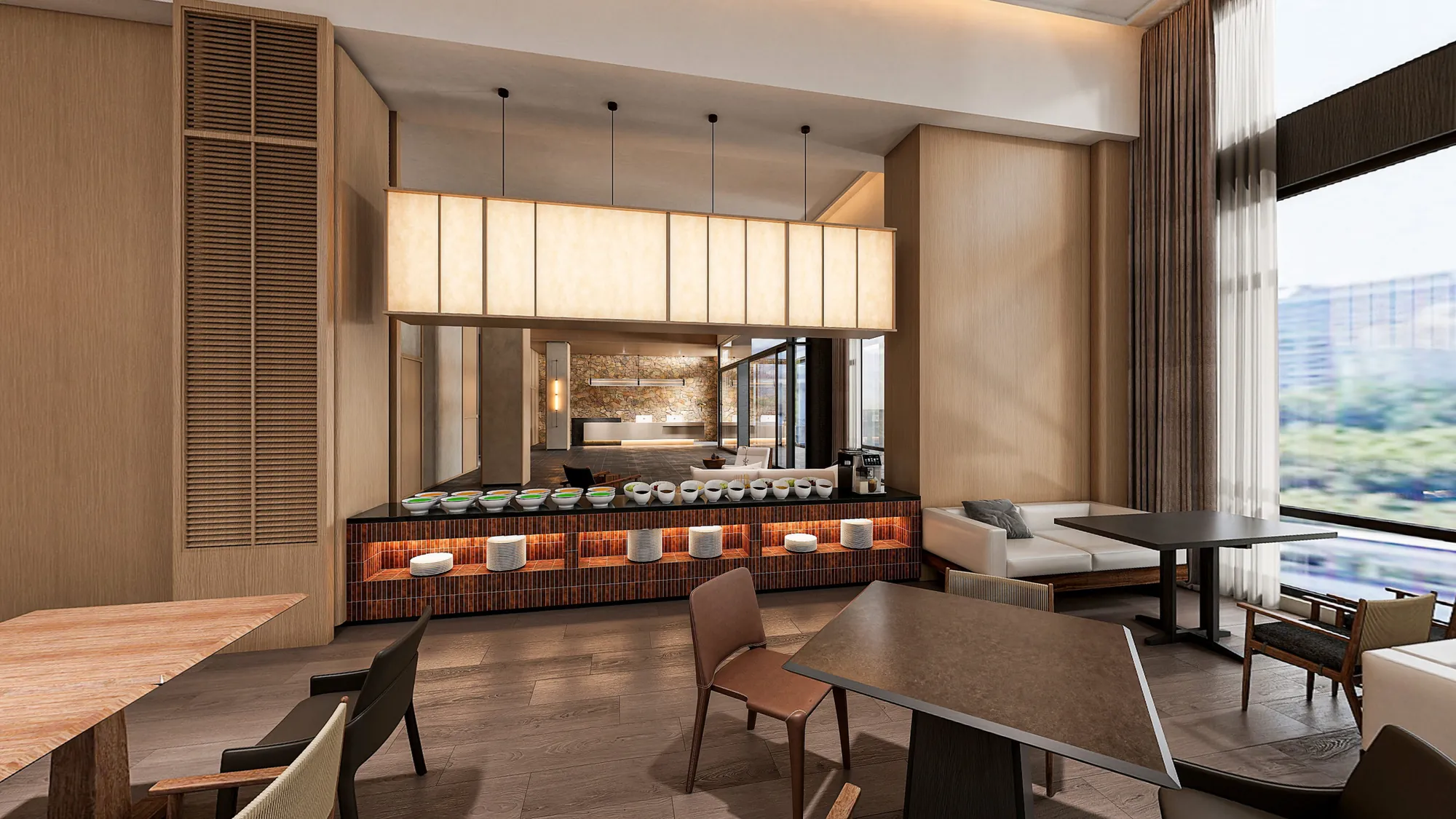 Natural contemporary hotel dining lounge with timber screens and upholstered seating
