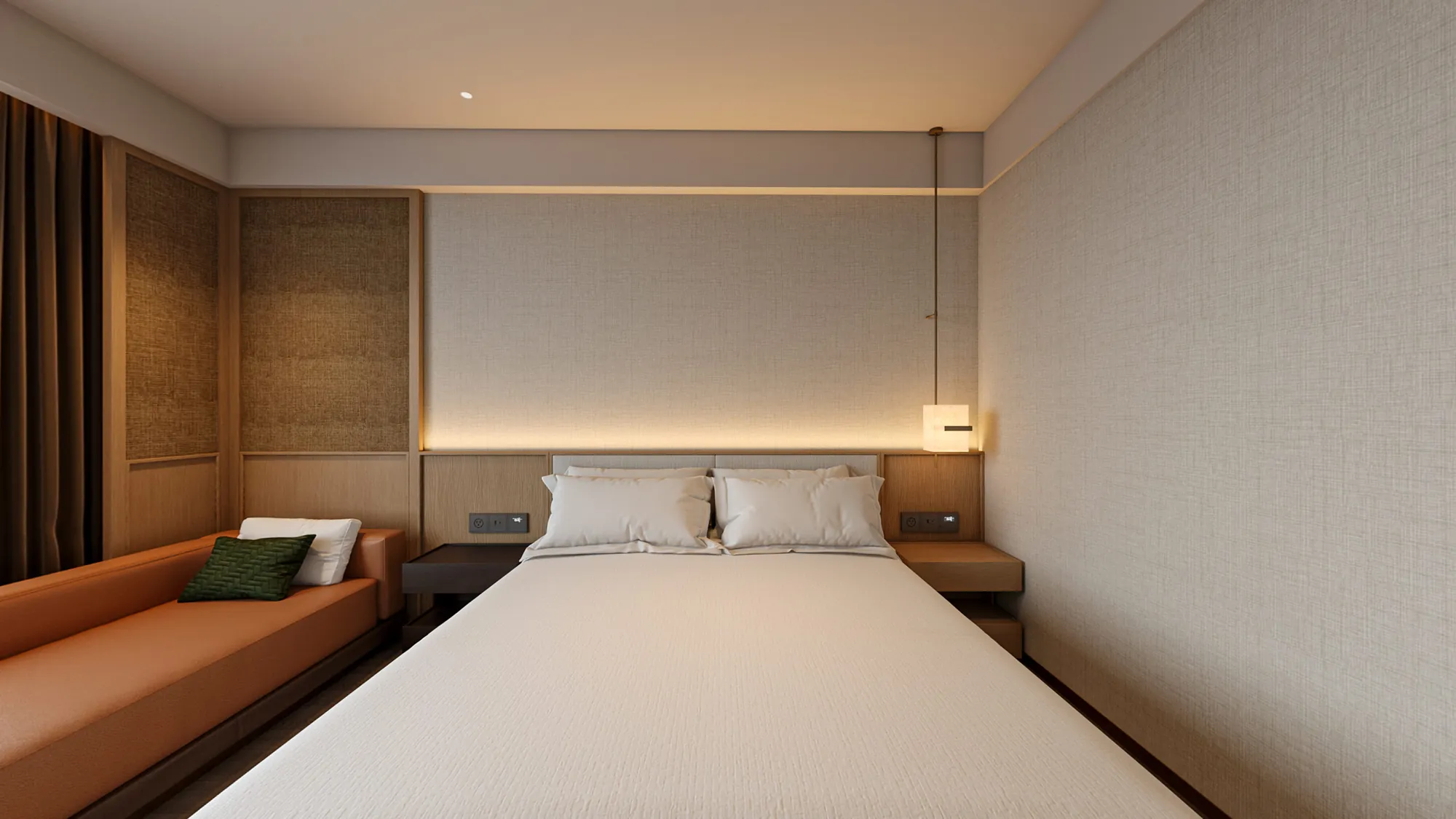 Natural contemporary king room with integrated timber sleep wall