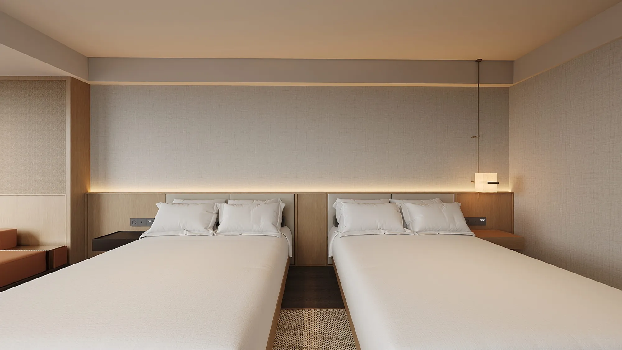 Natural contemporary twin room with woven wall panels and concealed lighting