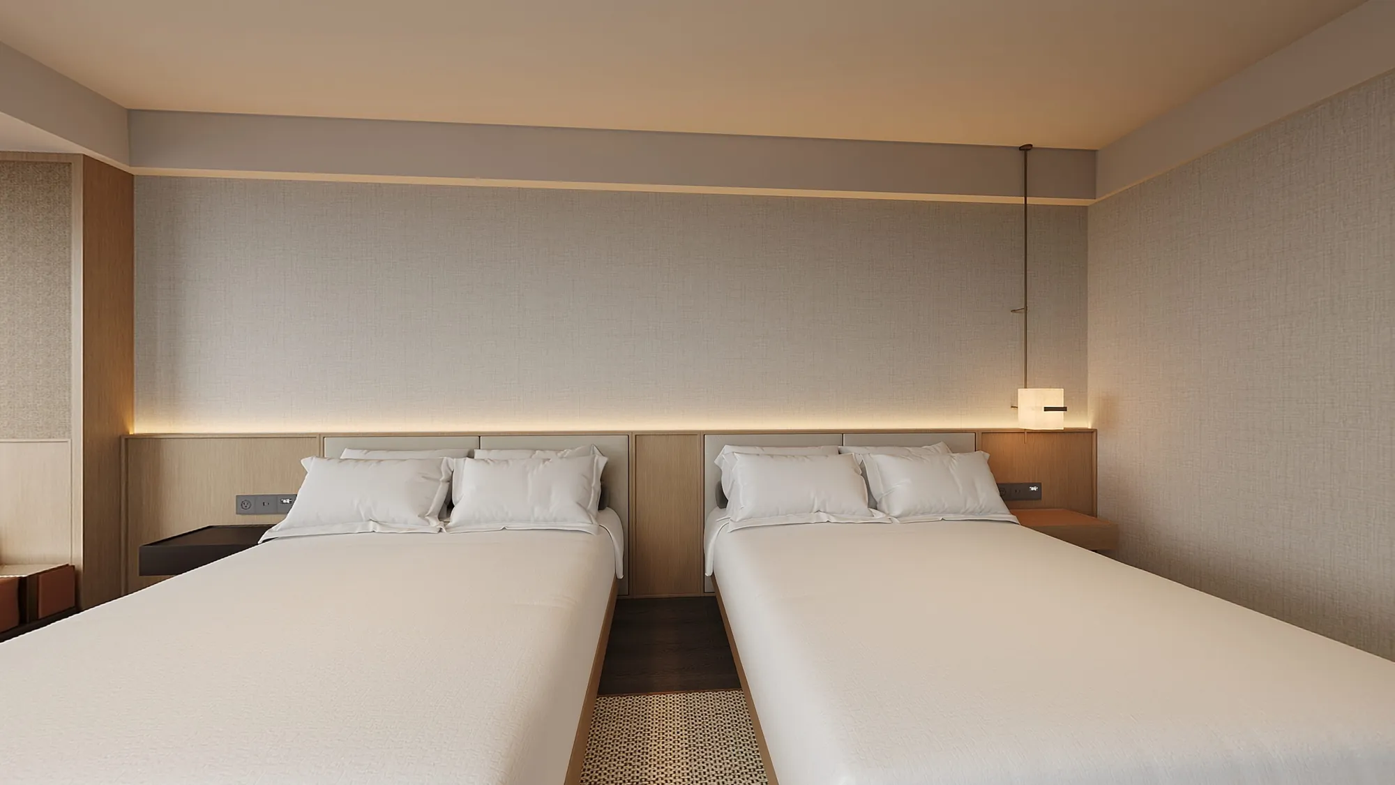 Woven wall panels and integrated bedside lighting in a twin guest room