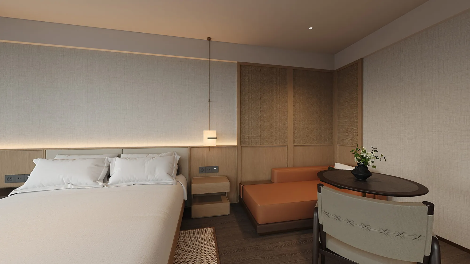 Pale timber fitted joinery in a deluxe hotel guest room