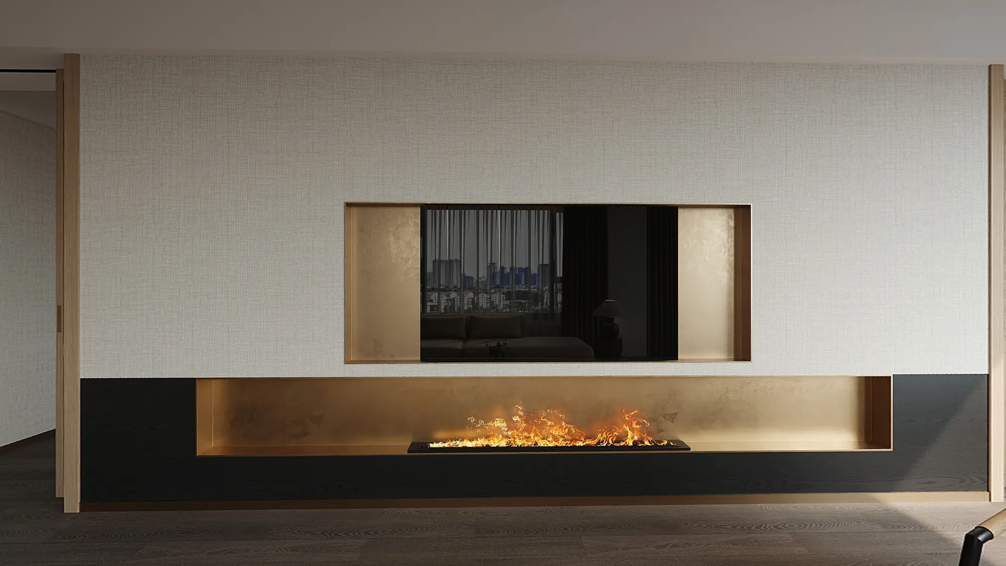 Hotel suite media wall with long illuminated fireplace and dark timber base