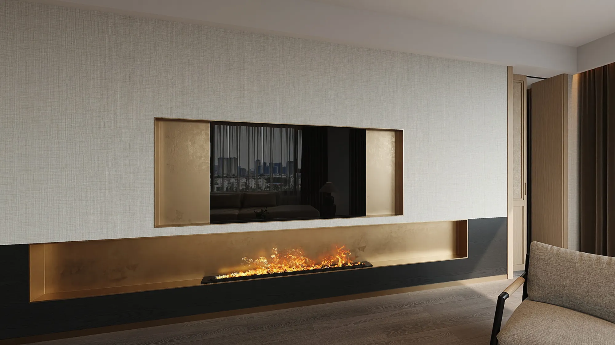 Warm natural contemporary hotel suite lounge with fitted timber details