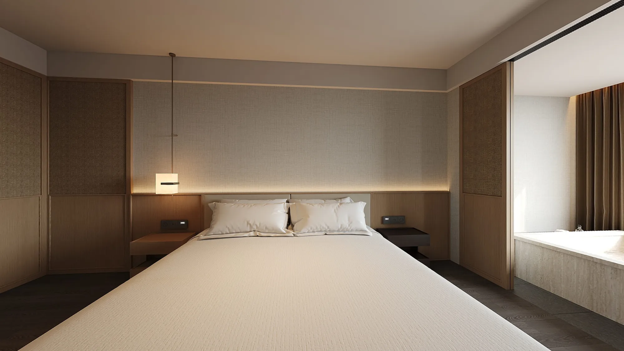 Concealed linear lighting integrated into a hotel suite bedroom wall