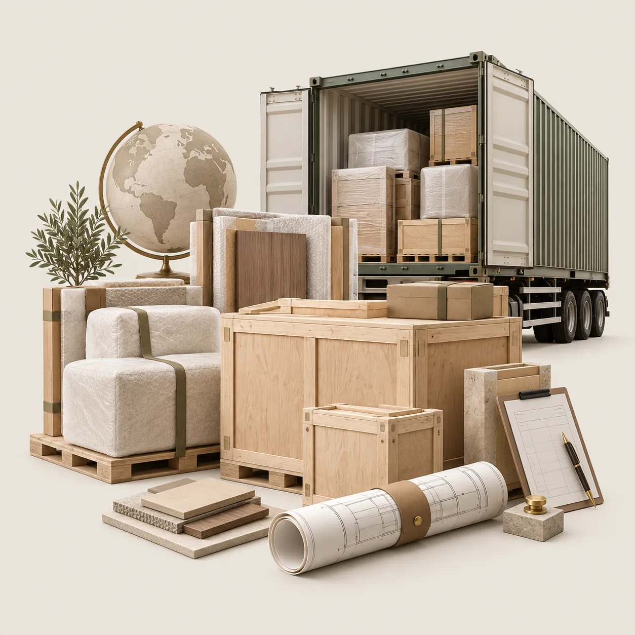 Interior products packed for international transport