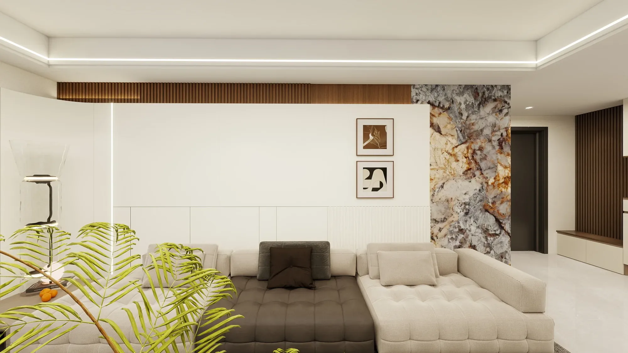 Warm marble and walnut contemporary apartment living room with cream cabinetry and layered lighting