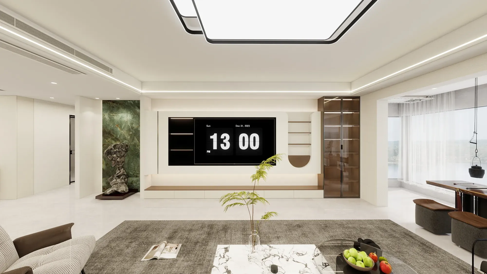 Contemporary apartment media wall with built-in shelving and a marble feature