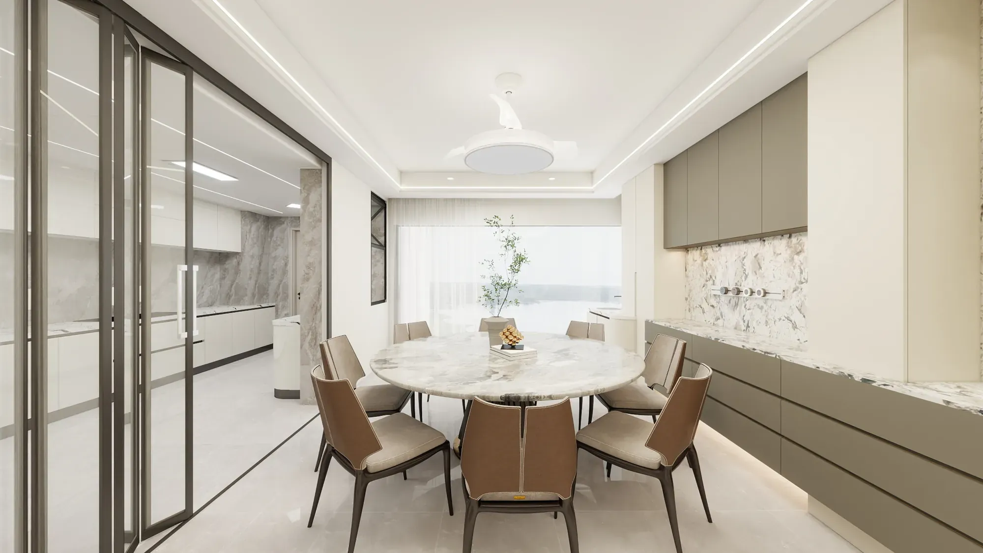 Apartment dining area with cream cabinetry, marble backsplash and black-framed glass partitions