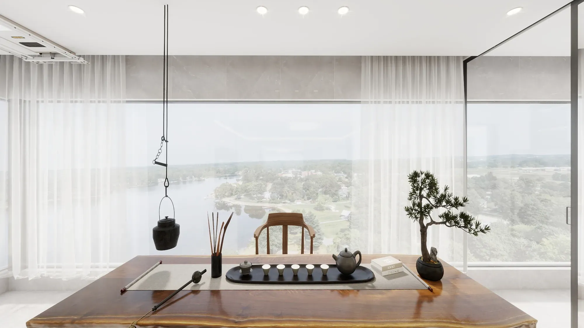 Dining detail with walnut table, sculptural objects and a wide apartment window view