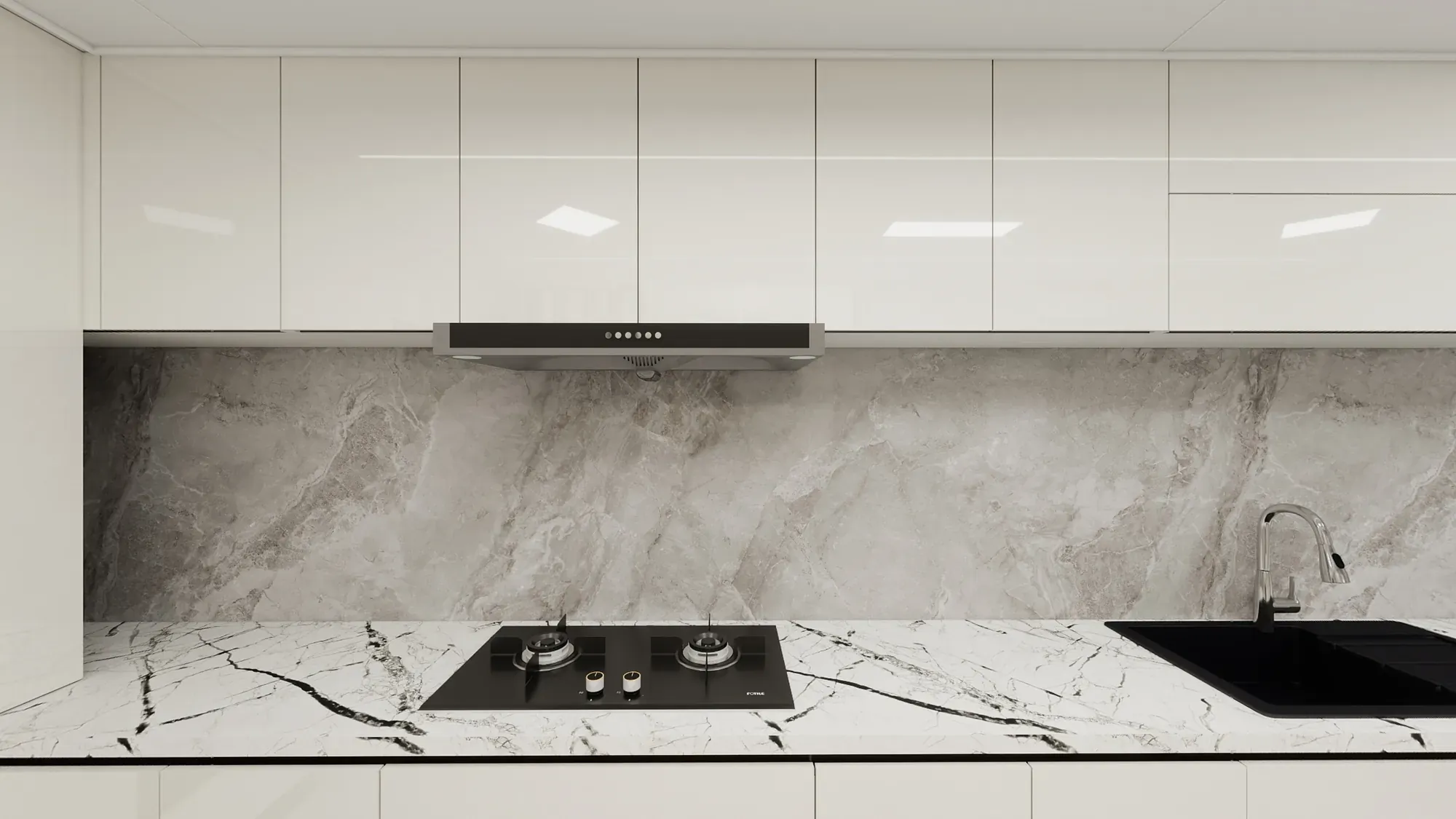 Apartment kitchen with full-height marble-effect surfaces, white cabinetry and integrated appliances