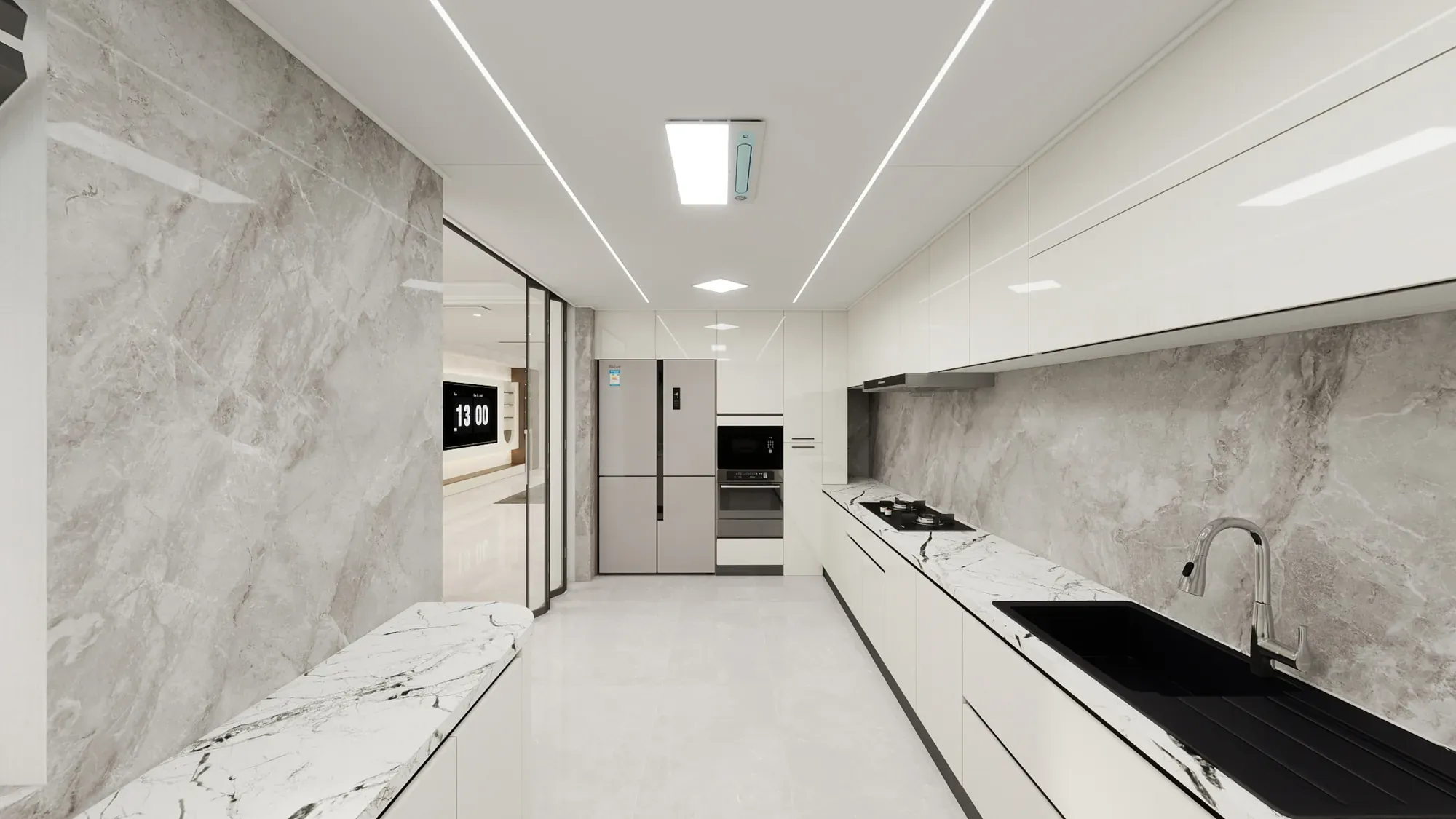 Kitchen storage wall with white fronts, dark timber accents and concealed appliances