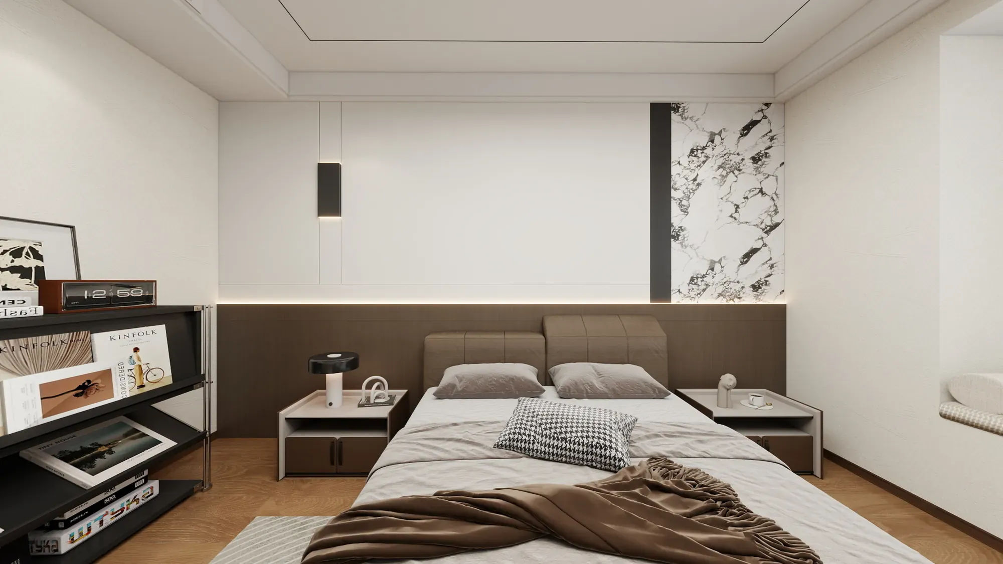 Master bedroom with upholstered bed, dark walnut headboard and soft indirect light