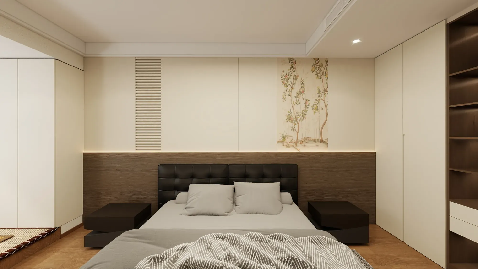 Bedroom with fitted storage, walnut headboard and integrated bedside surfaces
