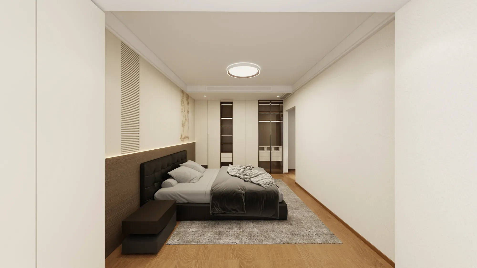 Secondary apartment bedroom with cream storage, timber accents and a compact floor plan