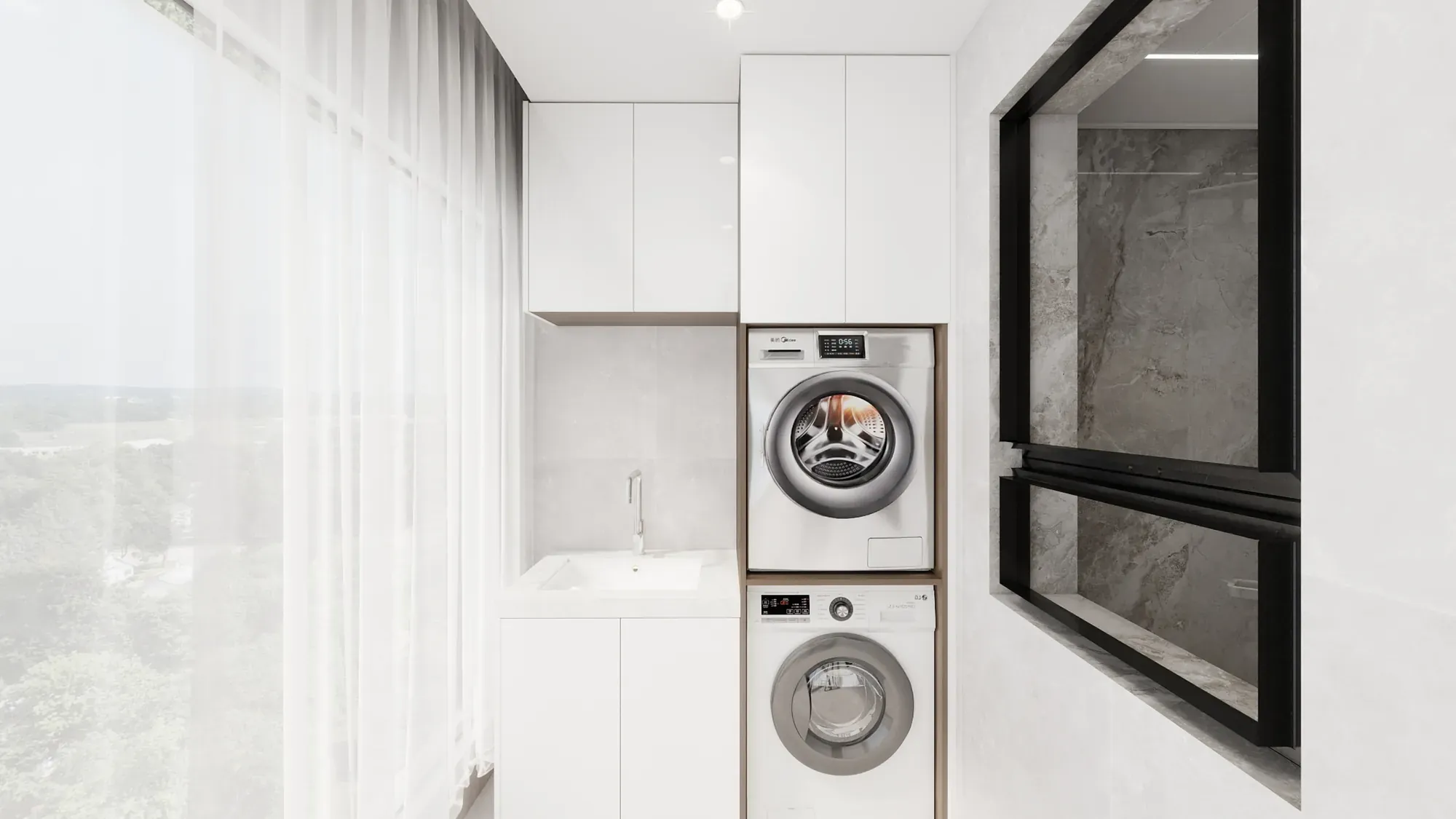 Apartment utility zone with stacked laundry appliances, white cabinetry and a glazed window