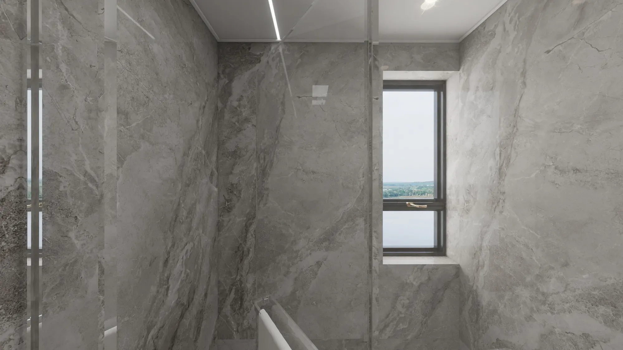 Master bathroom with large-format grey marble surfaces, glass shower and layered ceiling light