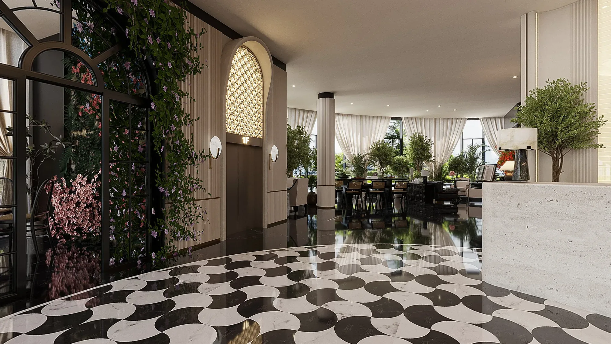 Botanical hotel lobby with arched screens, marble reception desk and graphic monochrome flooring
