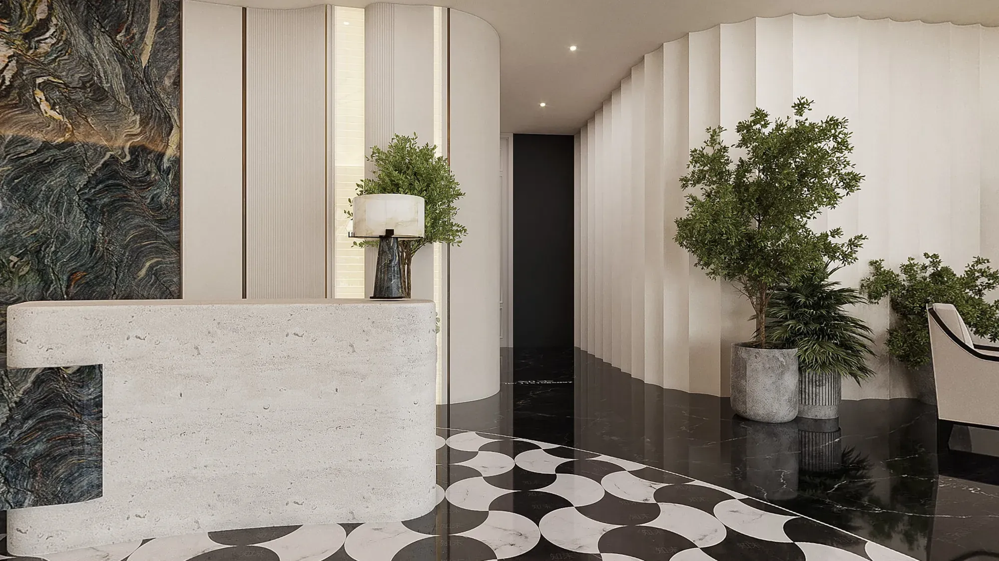 Hotel reception wall with pale marble desk, dark stone feature and soft curved panels
