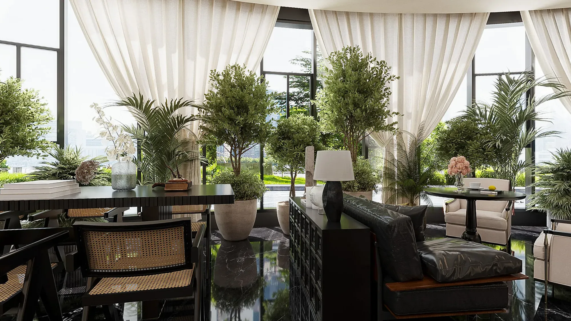 Bright hotel lobby lounge with indoor trees and full-height glazing