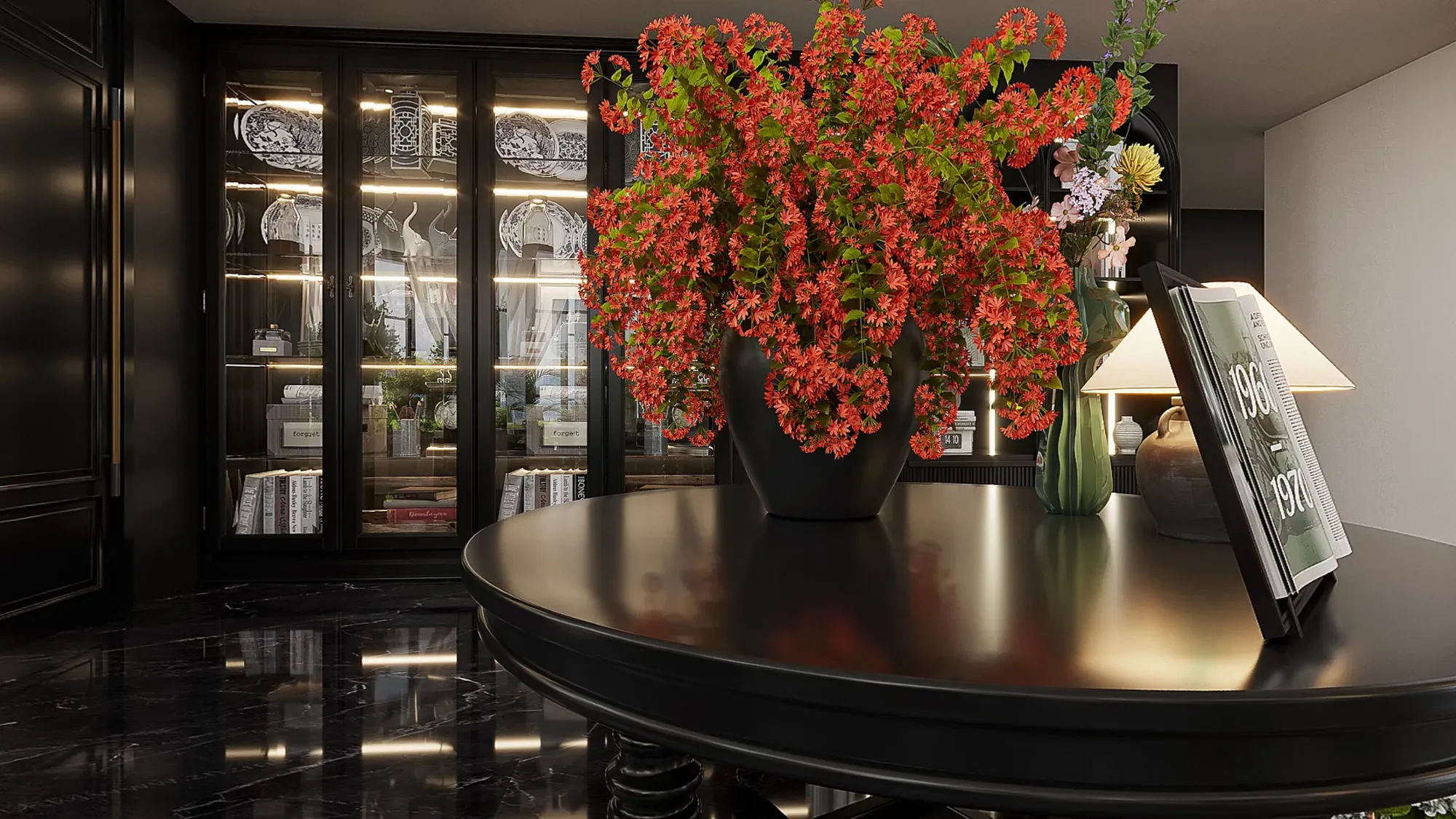 Dark illuminated lobby display with round table and floral arrangement
