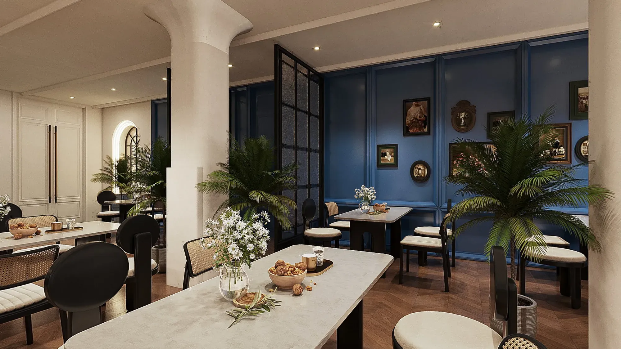 Restaurant dining area with blue banquette seating and tropical planting