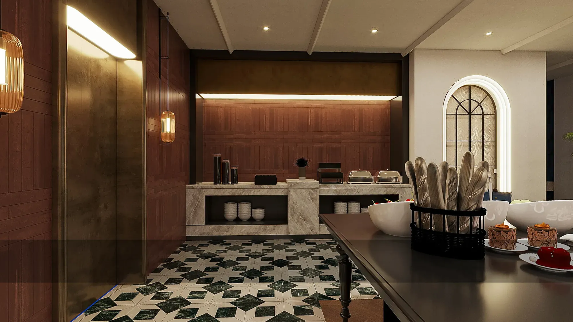 Private dining room with warm timber walls and patterned floor