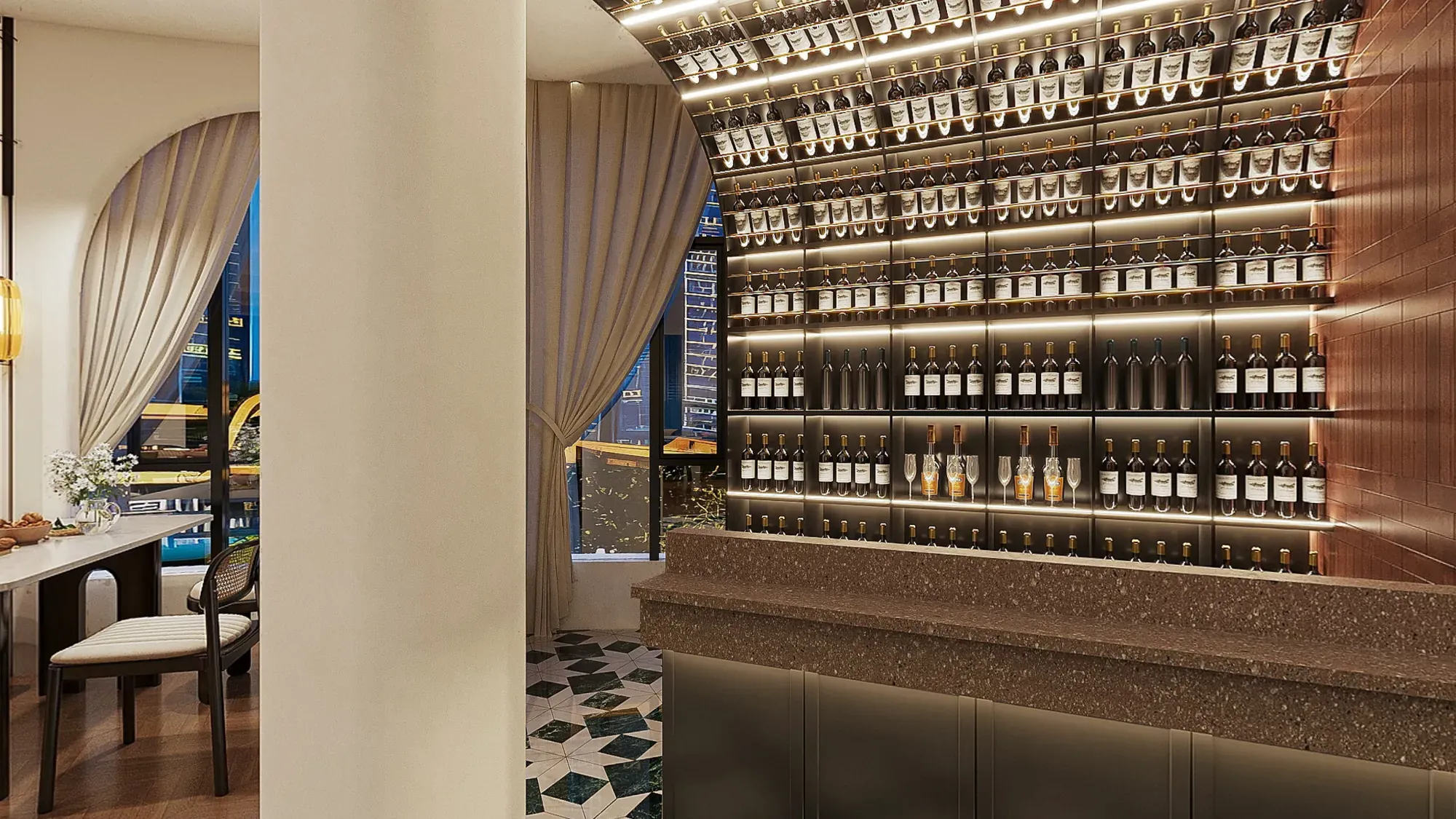 Illuminated hotel restaurant wine wall framed in warm timber