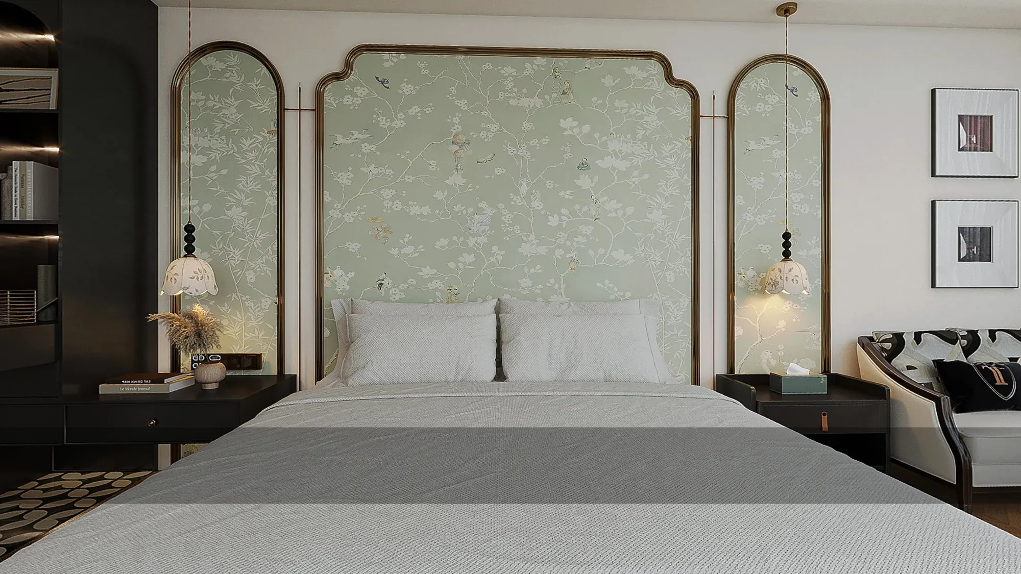 Hotel guestroom with sage botanical wall panels and tailored king bed