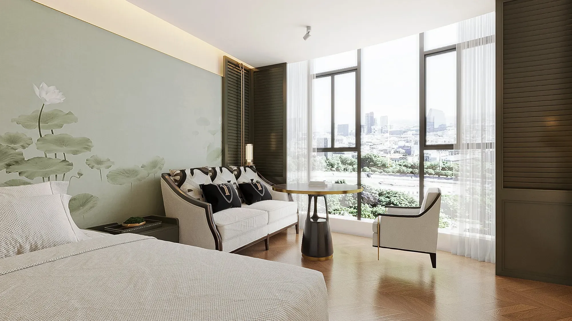 Light hotel guestroom with botanical wall art and garden views