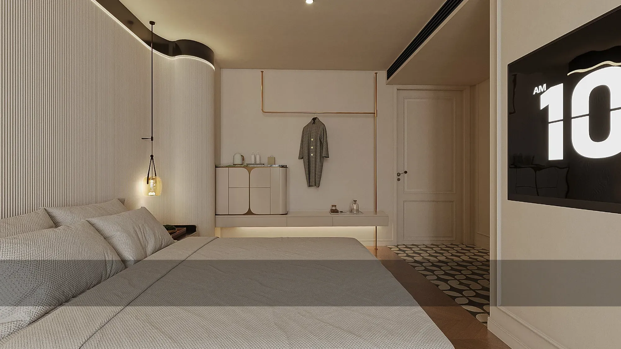Neutral hotel guestroom with ribbed feature wall and open wardrobe