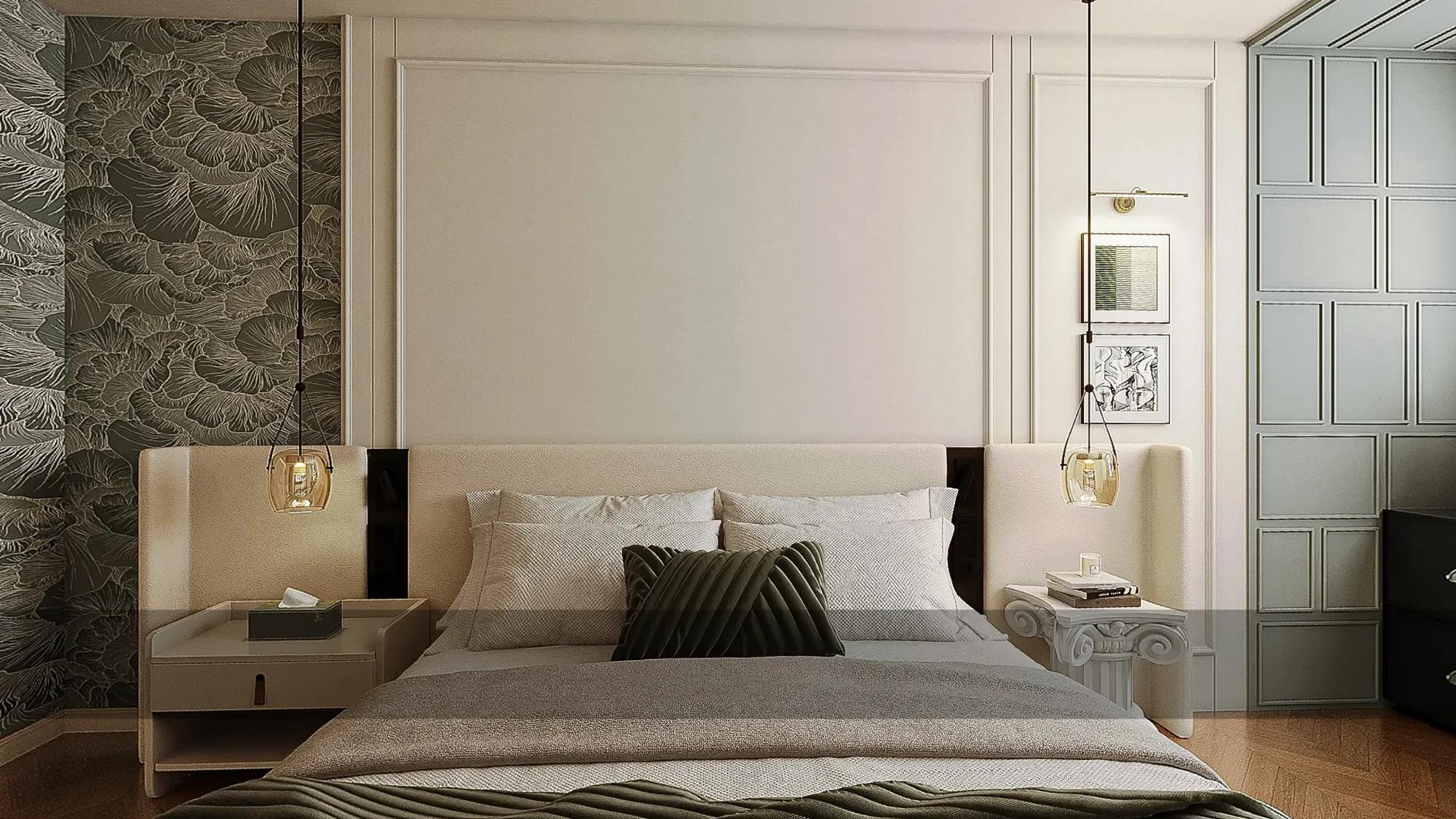 Panelled hotel guestroom with botanical wallpaper