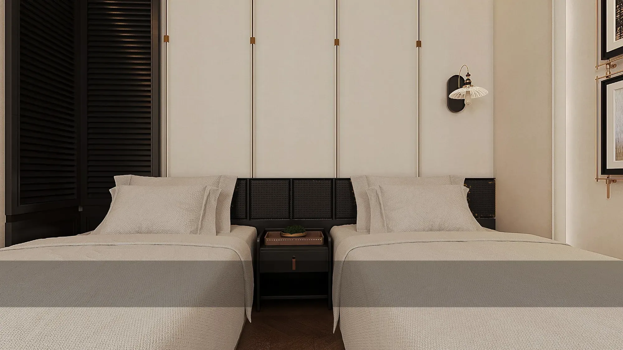 Monochrome twin hotel guestroom with dark shutters