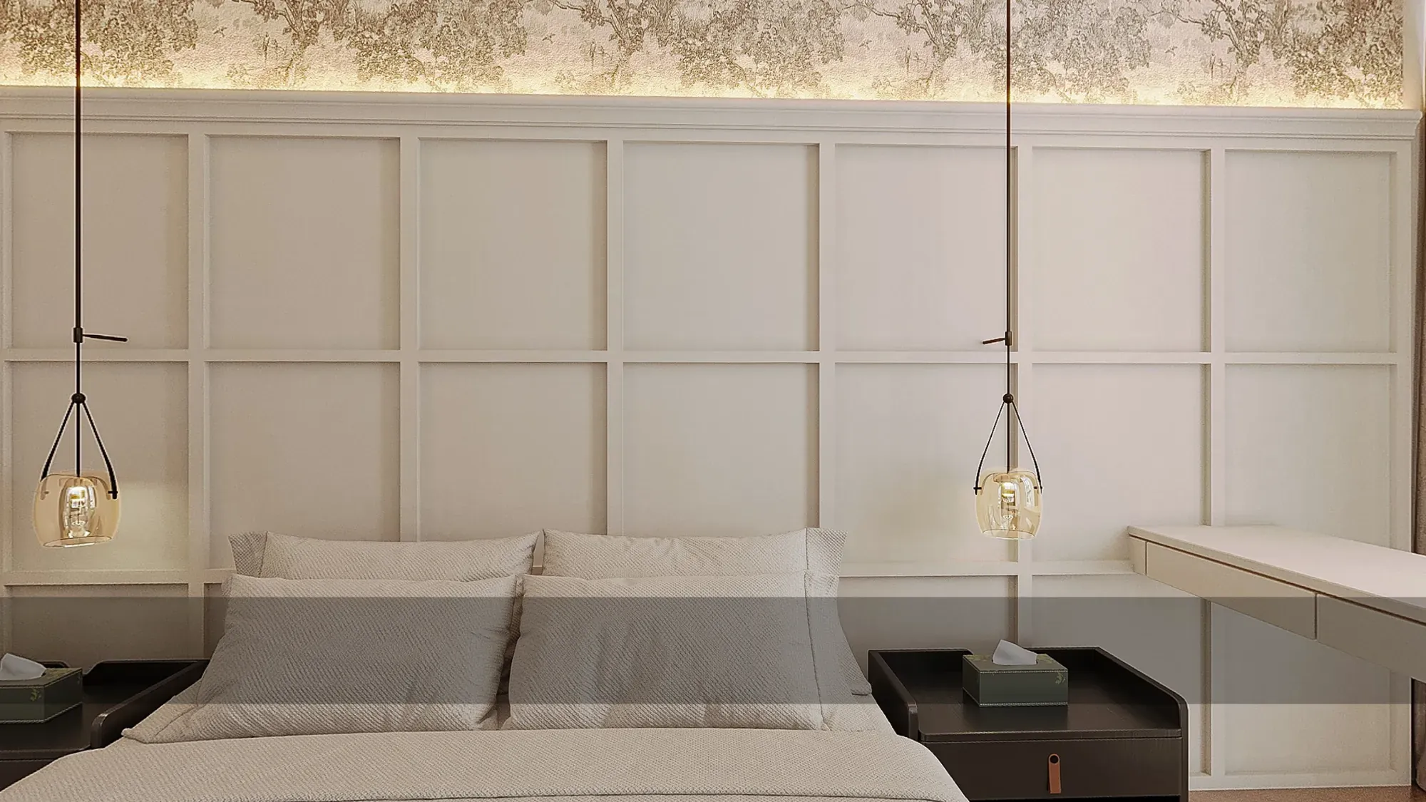 Twin hotel guestroom with pale wall panelling and integrated desk