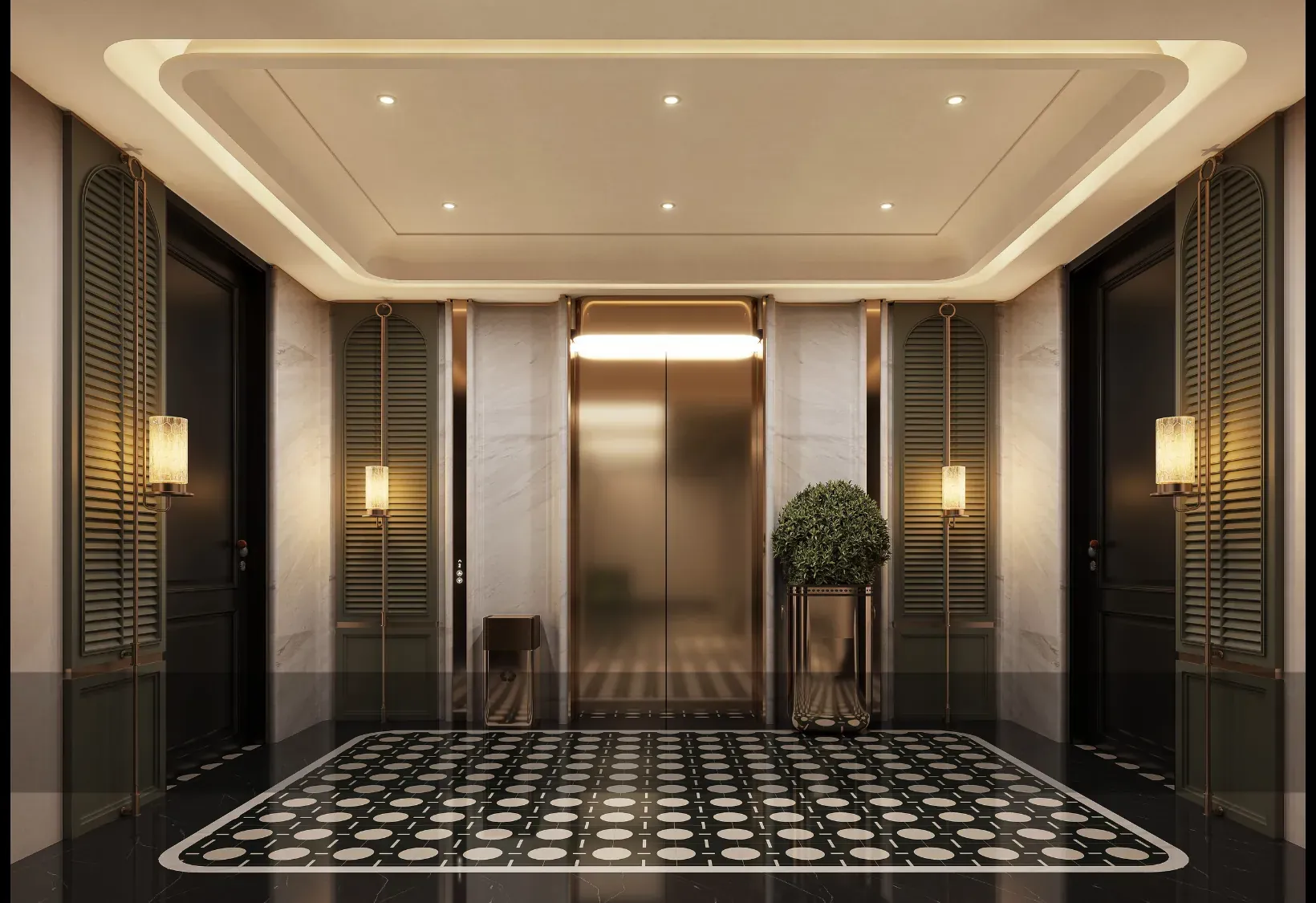 Hotel elevator lobby with brass doors and graphic patterned flooring