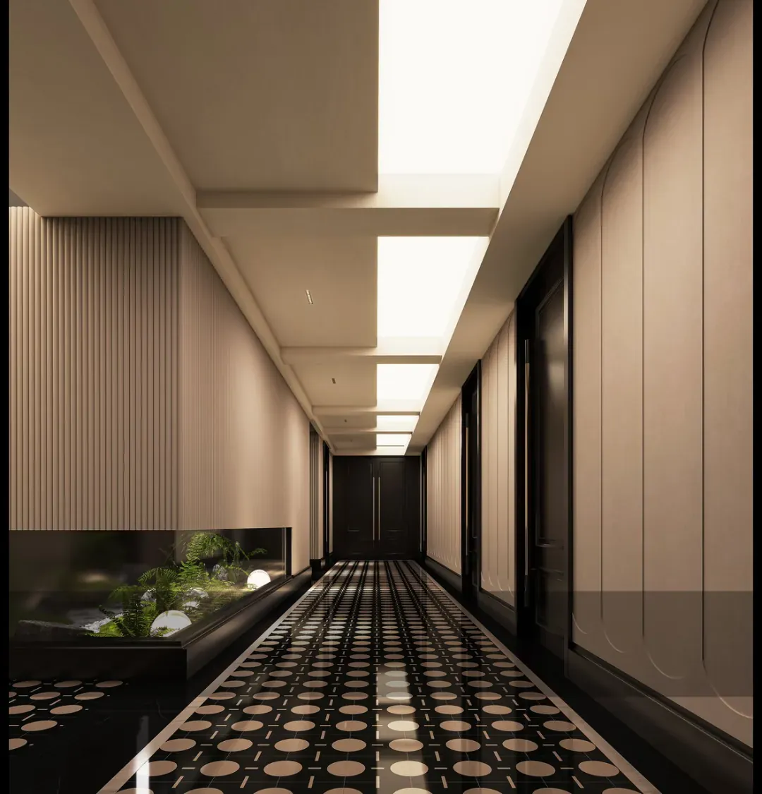 Hotel guest corridor with linear luminous ceiling and patterned flooring